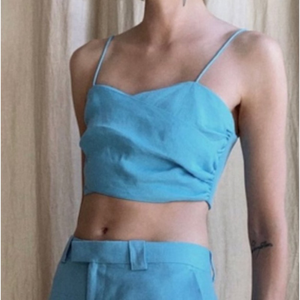 Zara Crop Top M Linen Blend Y2K Blue Smocked Spaghetti Strap Ruched A008715